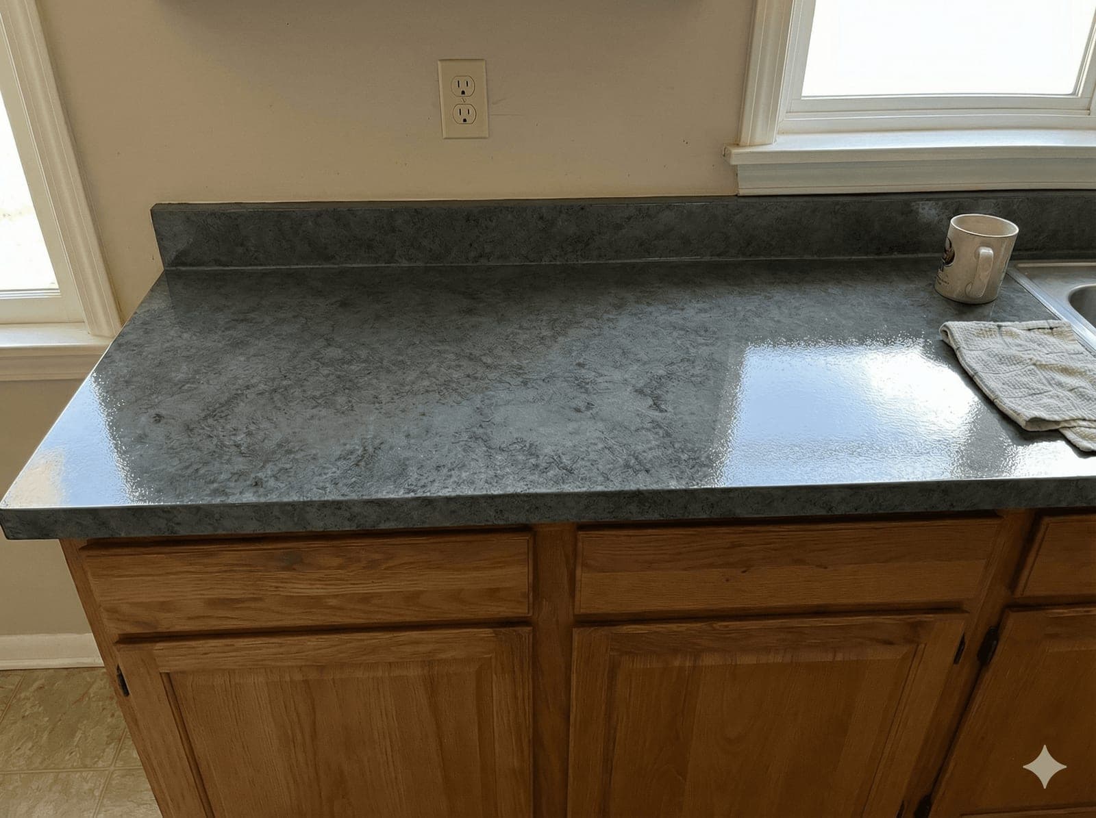 The same kitchen countertop after refinishing — a sealed slate-look finish