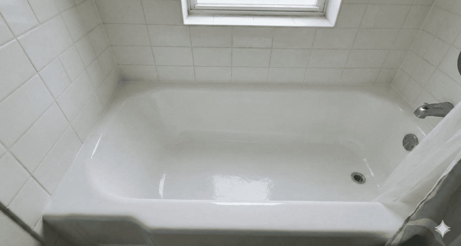 The same shower tub after resurfacing — a bright, renewed white finish