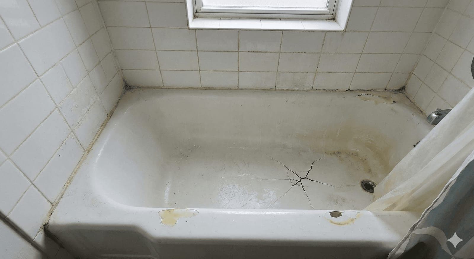 Shower tub before resurfacing — cracked, discolored, and mildewed surround