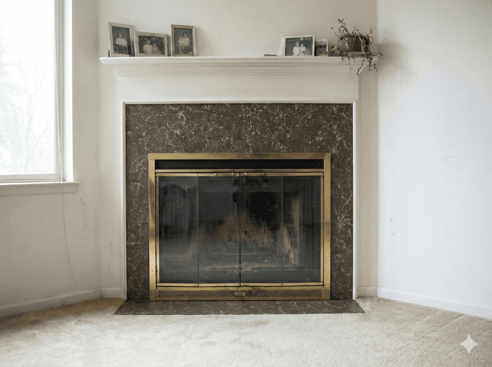 The same fireplace tile surround after reglazing — a rich marble-look finish