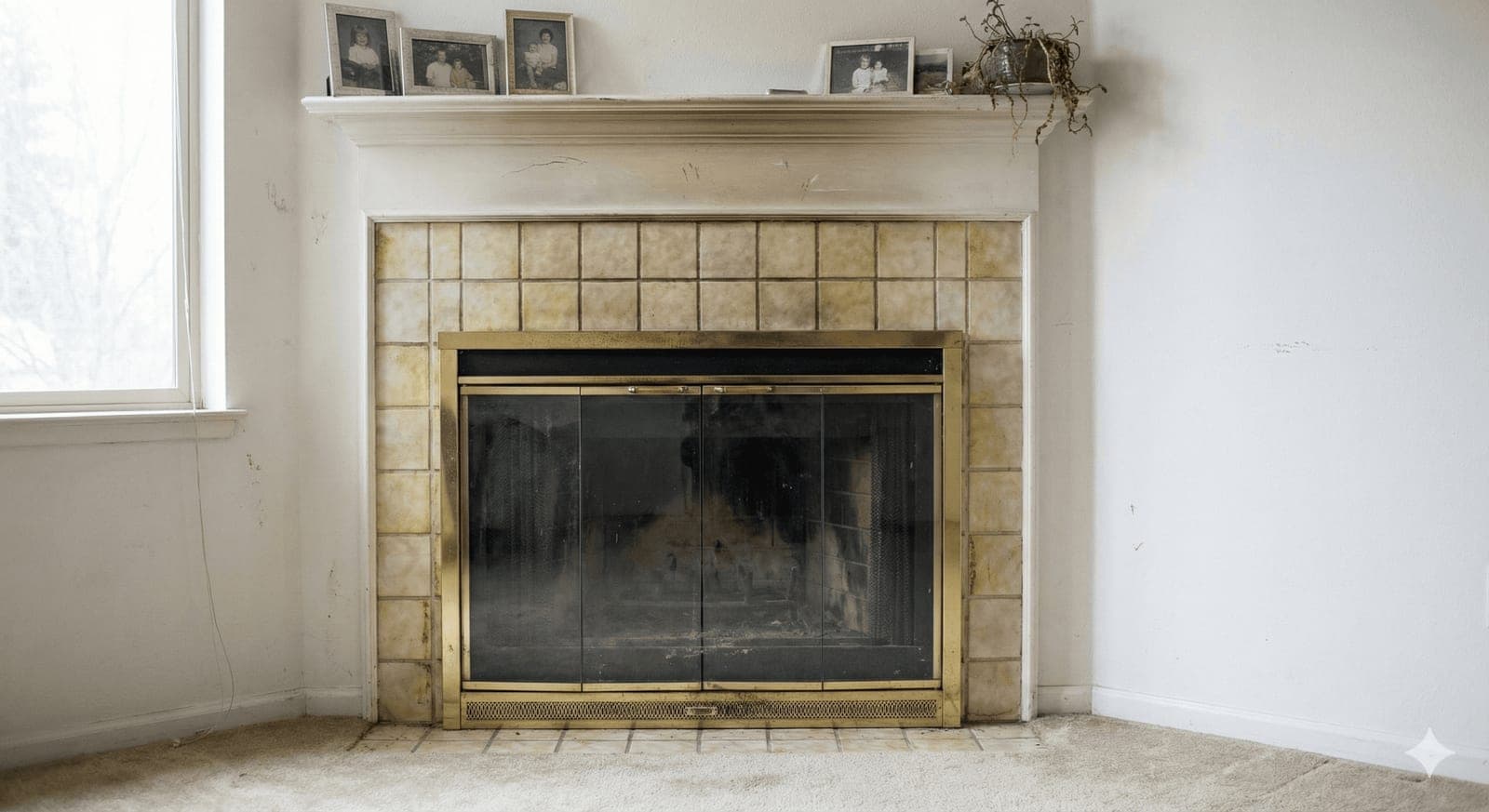 Fireplace tile surround before reglazing — dated beige tile