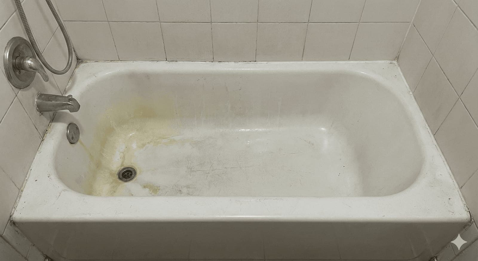 Bathtub before refinishing — yellowed rust staining across a worn surface
