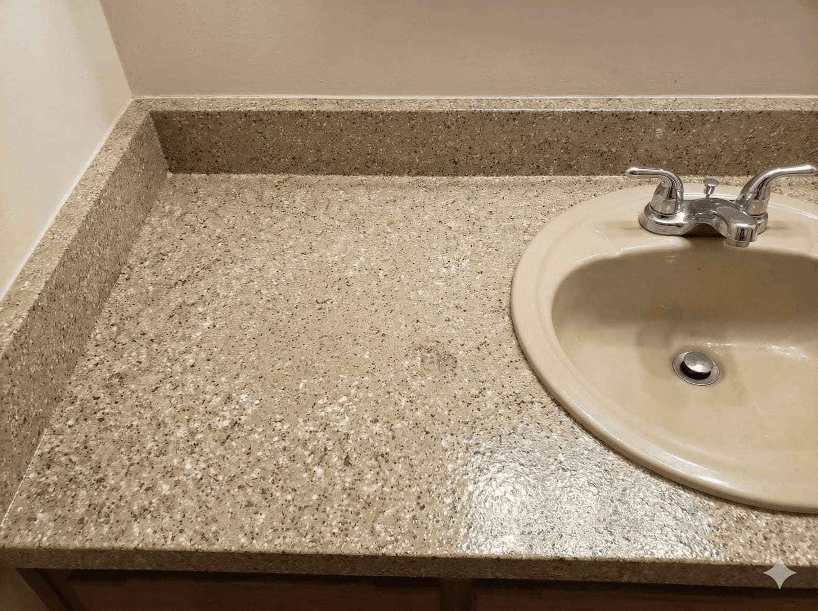 The same vanity countertop after refinishing — a fresh stone-look finish