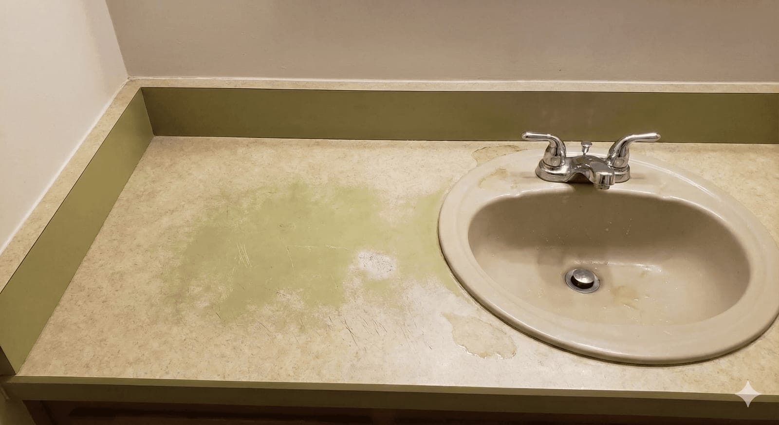 Bathroom vanity countertop before refinishing — worn, discolored laminate